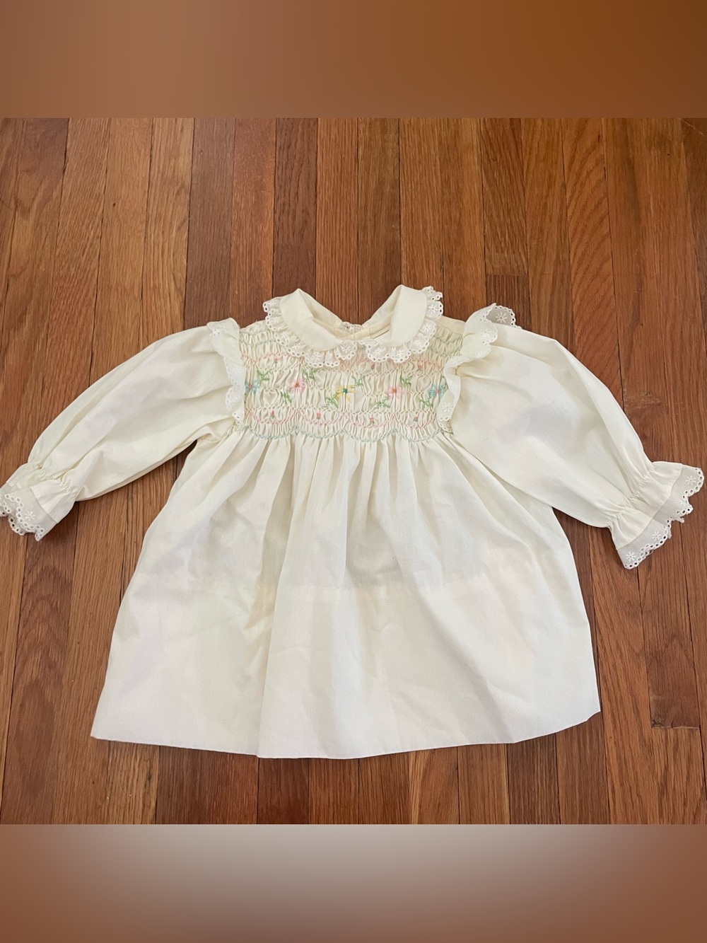 Cream Smocked Long-Sleeve Kids Dress